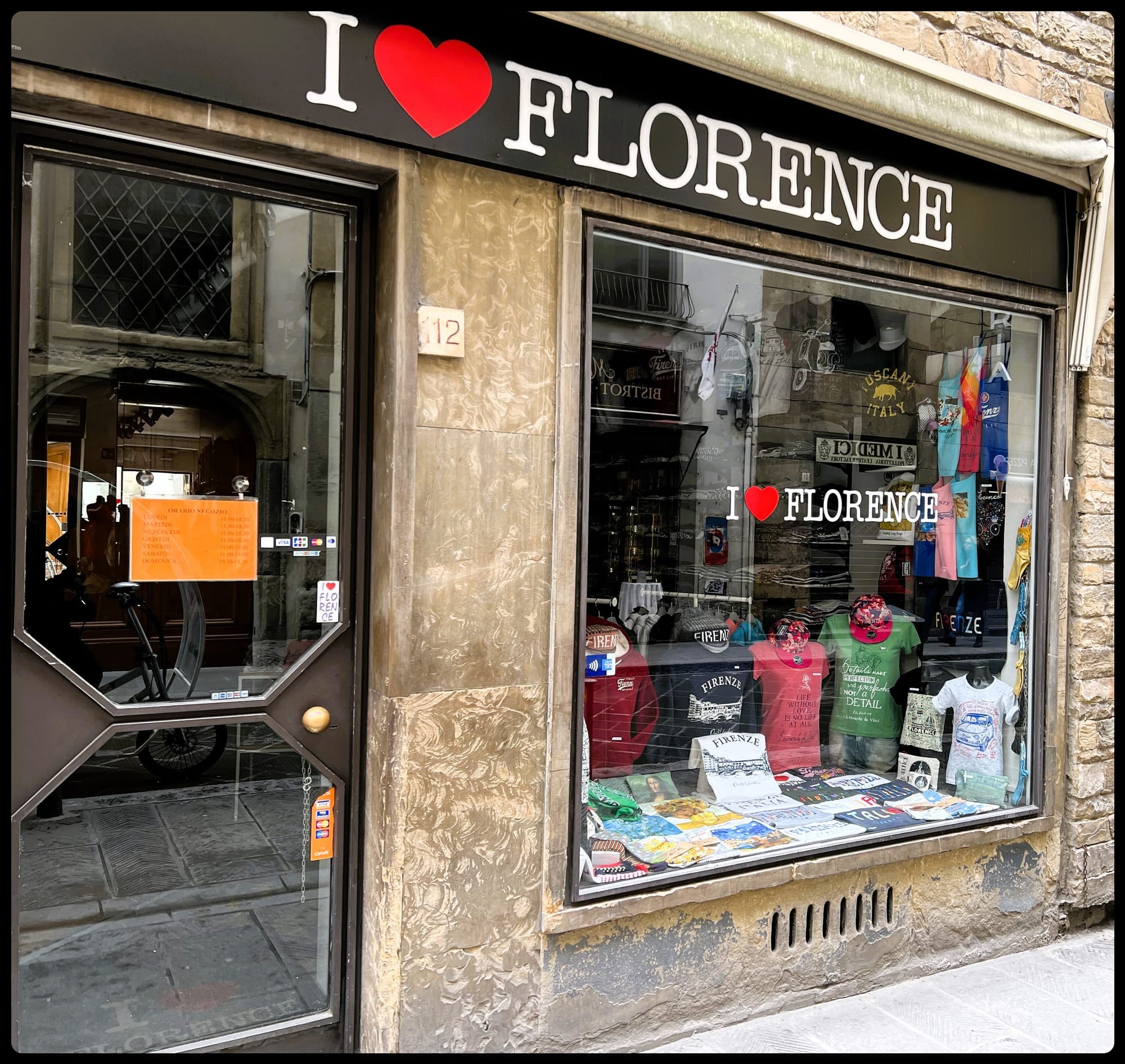 The front window of a souvenir shop called "I Love Florence" near the Ponte Vecchio in Florence.