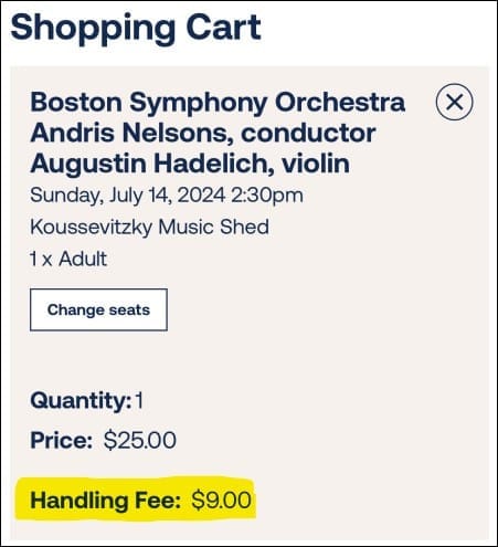 A screenshot from the Tanglewood shopping cart showing a $9.00 handling fee.